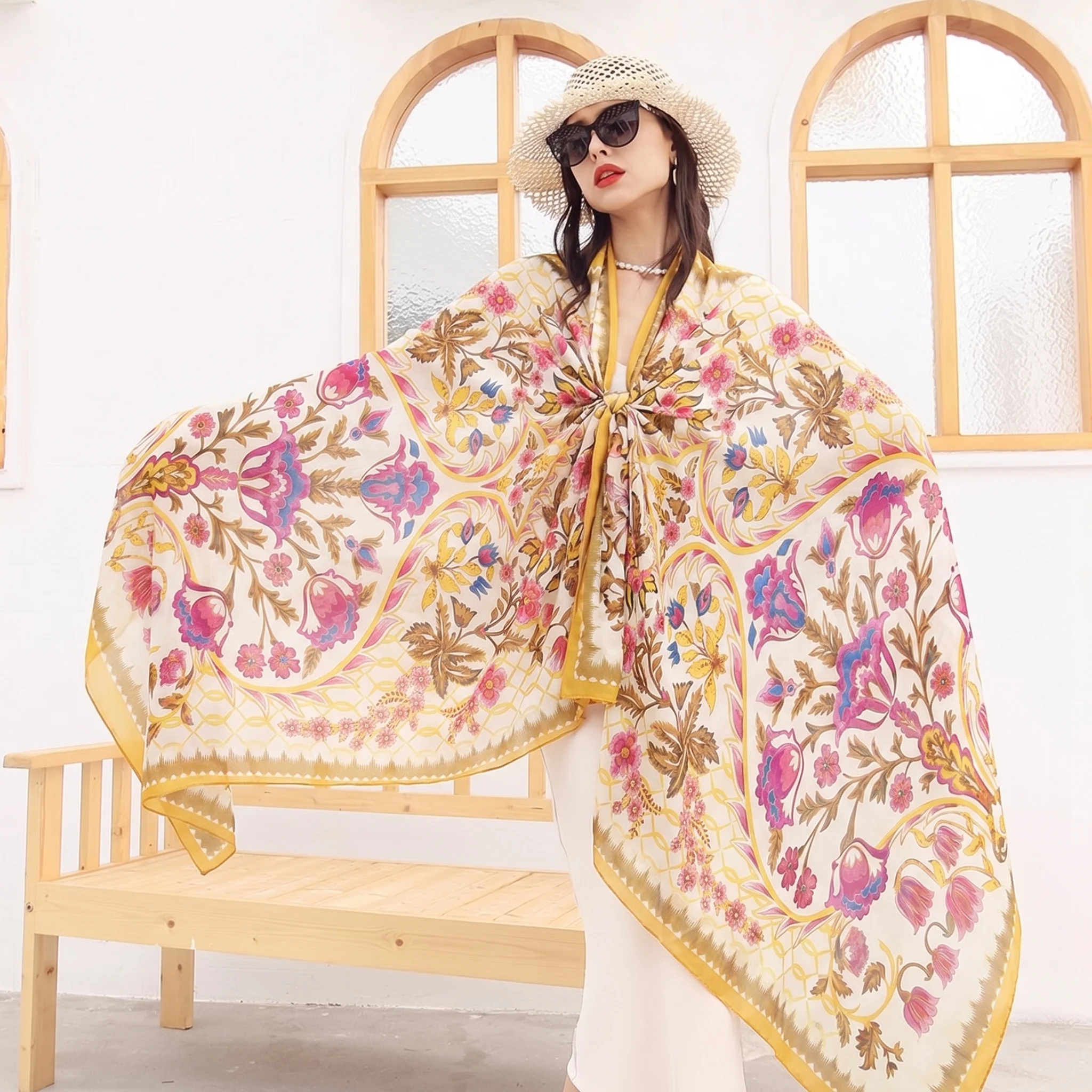 230*110cm Luxury Floral Print Silk Scarf Women Yellow Pink Bohemian Shawl Beach Wrap Headscarf Hijab Large Bandana for Vacation