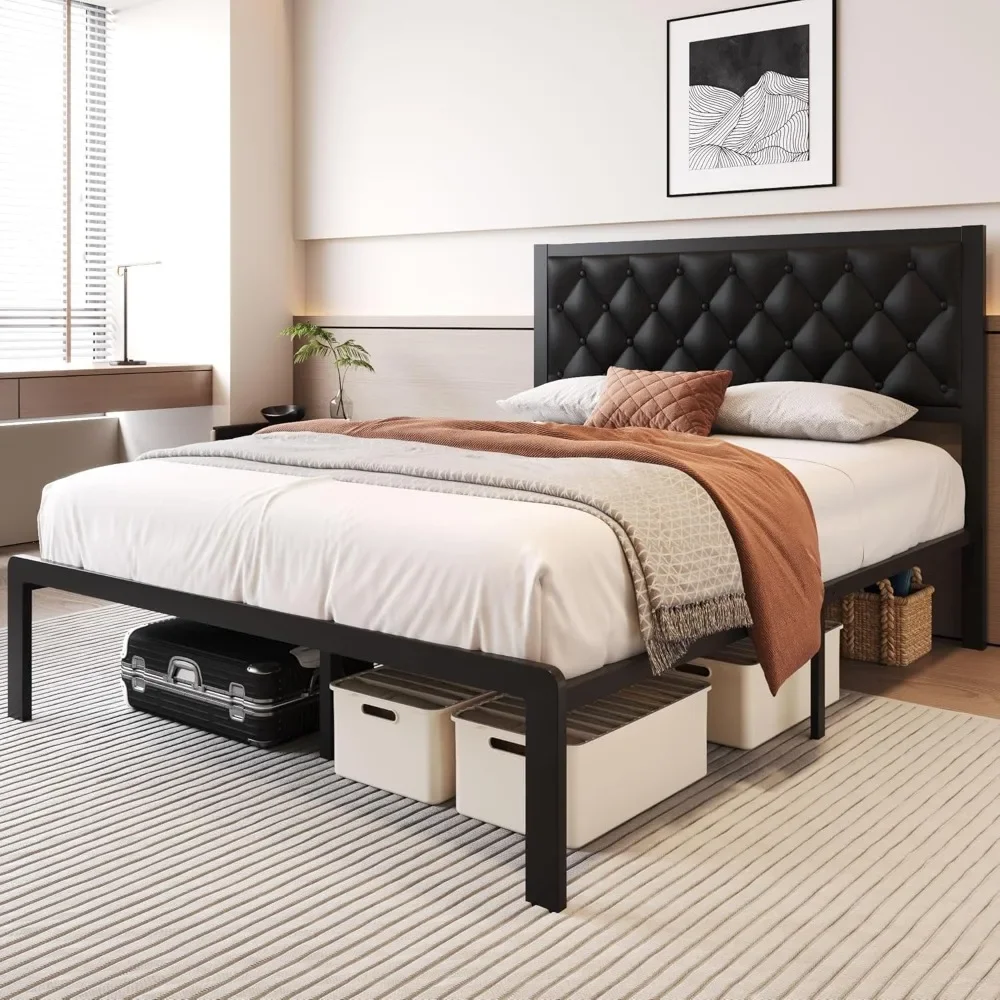 

Full Size Bed Frame with Storage Space and PU Leather Upholstered Bed Frame Platform, Easy Assembly, No Box Spring Needed