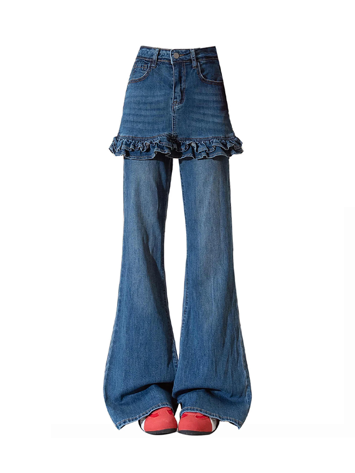 

Женские синие расклешенные джинсы Y2k с запахом и юбкой Harajuku, винтажные джинсовые брюки в японском стиле 2000-х годов, джинсы большого размера, осень 2025 г.