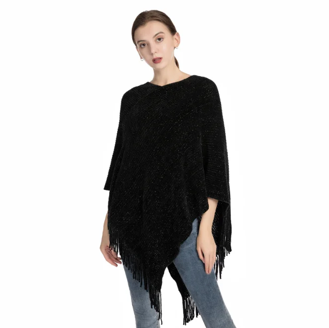 Chenille Knitted Shawl Women's Autumn Winter New Warm Tassel Silver Silk Pullover Cloak Girl's Outdoor Sweater Coat Red