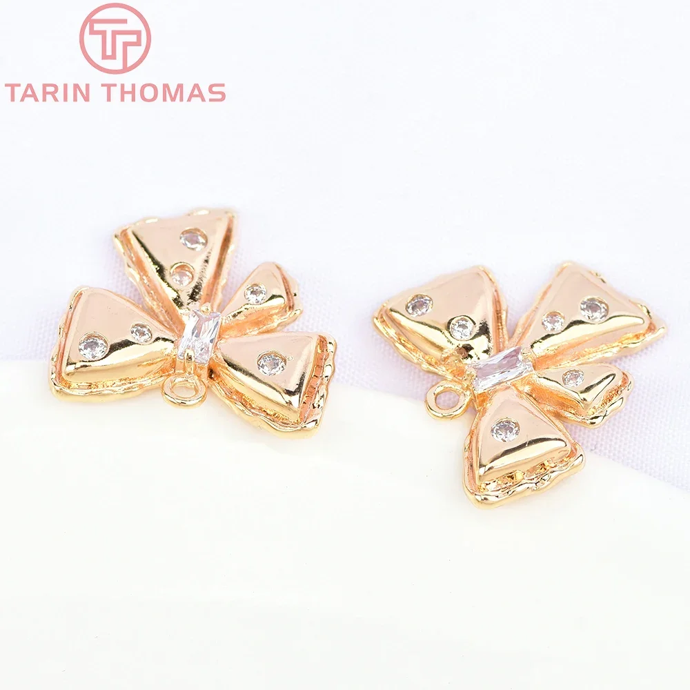 (5984) 4PCS 18x17MM 24K Gold Color Brass with Zircon Bow-Knot Charms Pendants High Quality DIY Jewelry Making Findings Wholesale