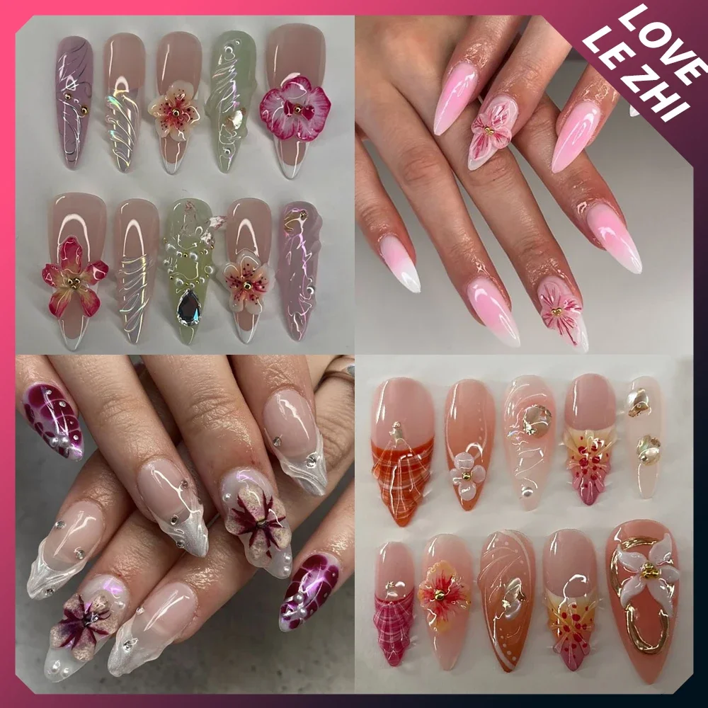 

2024 Hot Sale Summer Flower Handmade Press On Gel Nails French Shell Lilies Aurora Pink Almond Squares Customizable Nail Tips
