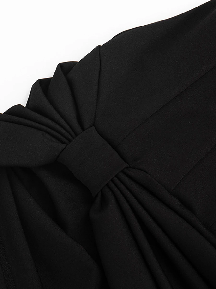 TWOTWINSTYLE Street Style Black Twist Ruched Mini Dress for Women Polo Collar Midi Sleeve Knit Bodycon Skirt for Casual Shopping view 6