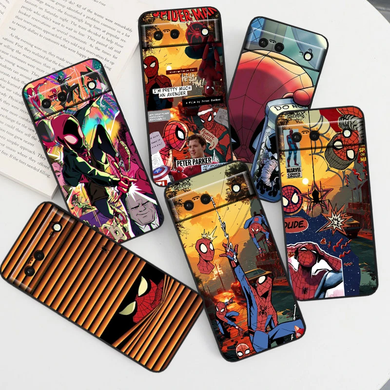 

Marvel Cartoon Spiderman Cool For Google Pixel 9 8 7A 7 6A 6 5A 5 4 4A XL 5G Black Silicon Shockproof Shell Cover Phone Case