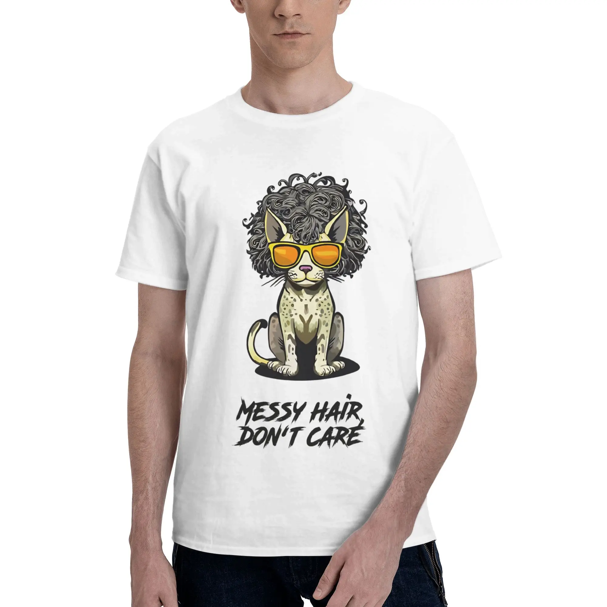 Camiseta divertida con diseño de gato y pelo despeinado para hombre, camisetas con humor de perro y pelo despeinado, camisetas de manga corta con cuello redondo, camisetas recién llegadas
