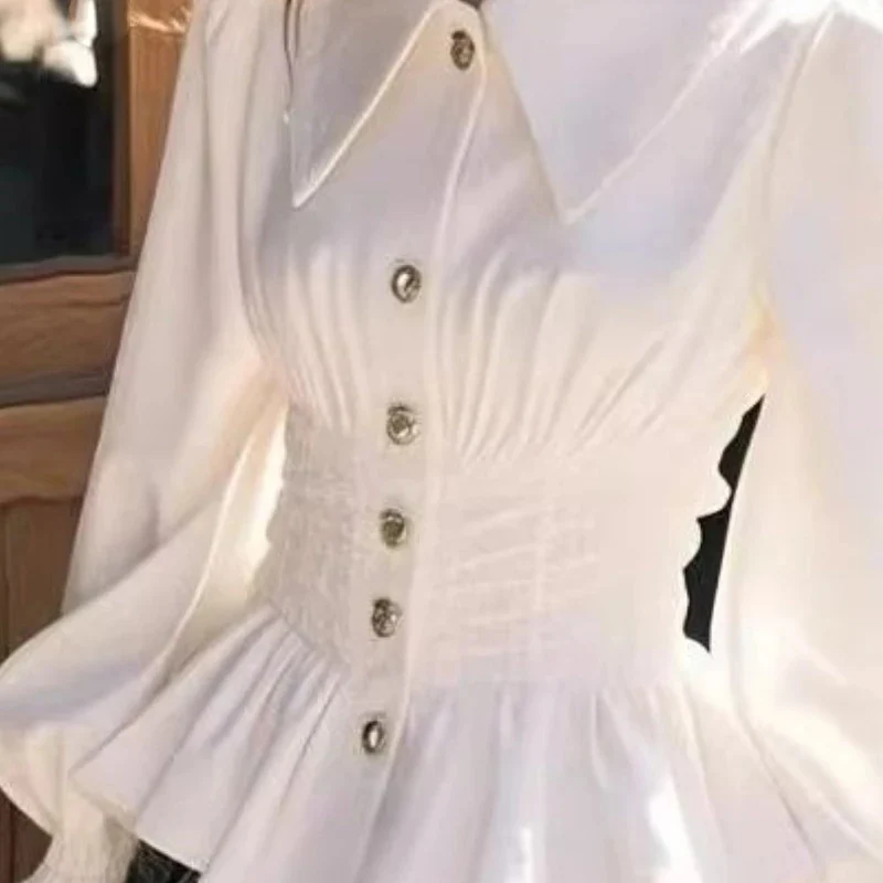 Style coréen doux élégant blanc femmes chemise Vintage lanterne à manches longues Blouses minces mode japonaise bureau dame princesse haut