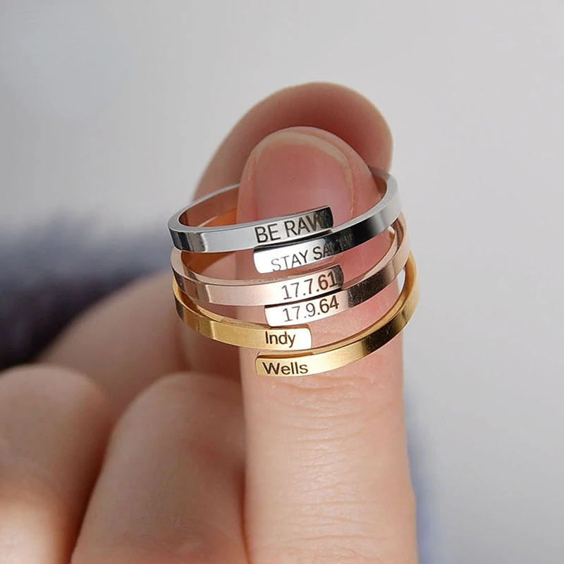Luxury S925 Silver Custom Letter Engraving Ring Customized Resizable Name Open Rings Personalized Gold Plate Gifts Jewelry