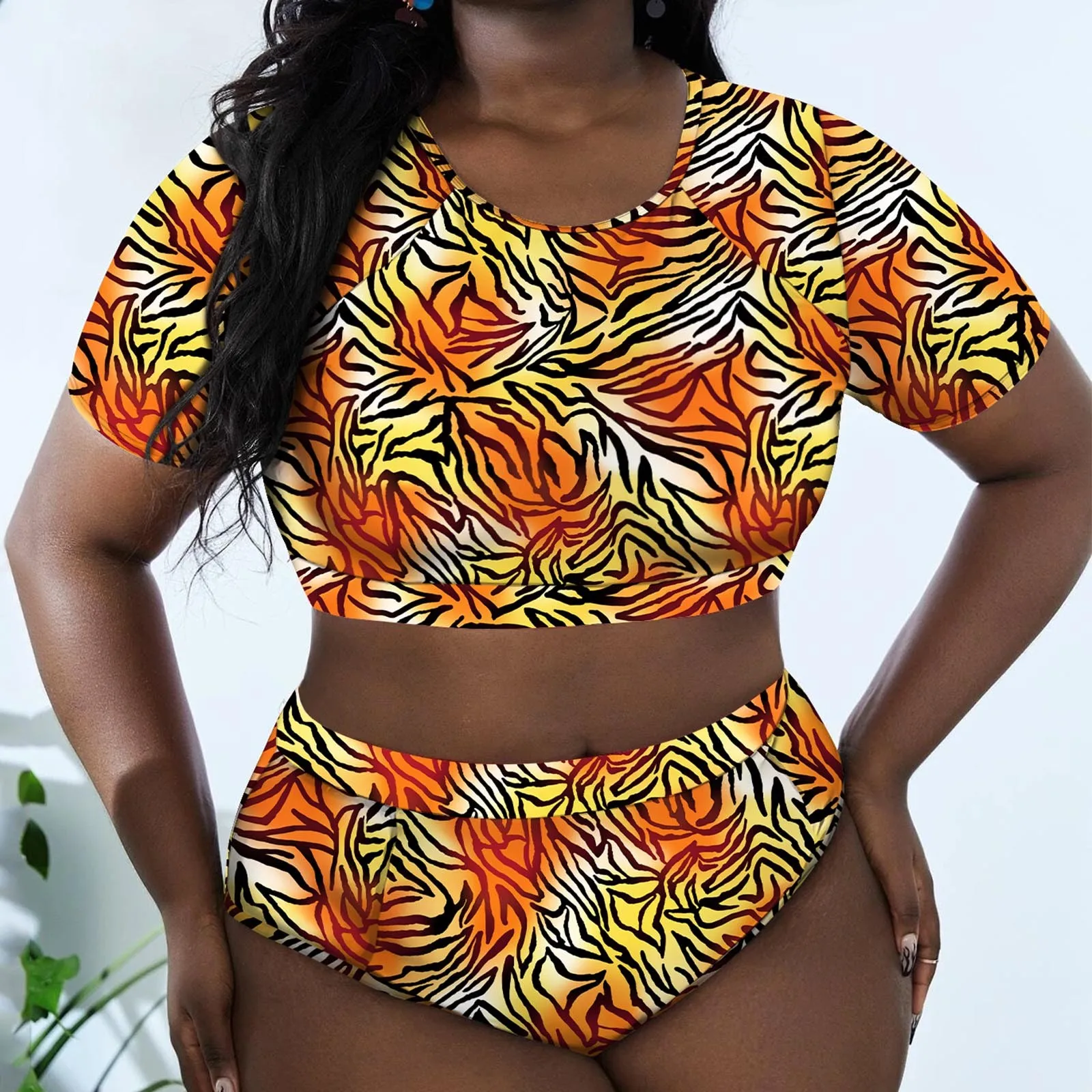 Flower printing Sport Swimsuit Women Plus Size Print Short Sleeve Crop Top Short Pant Bikini Swimwear Bathing Two-Piece Swimsuit