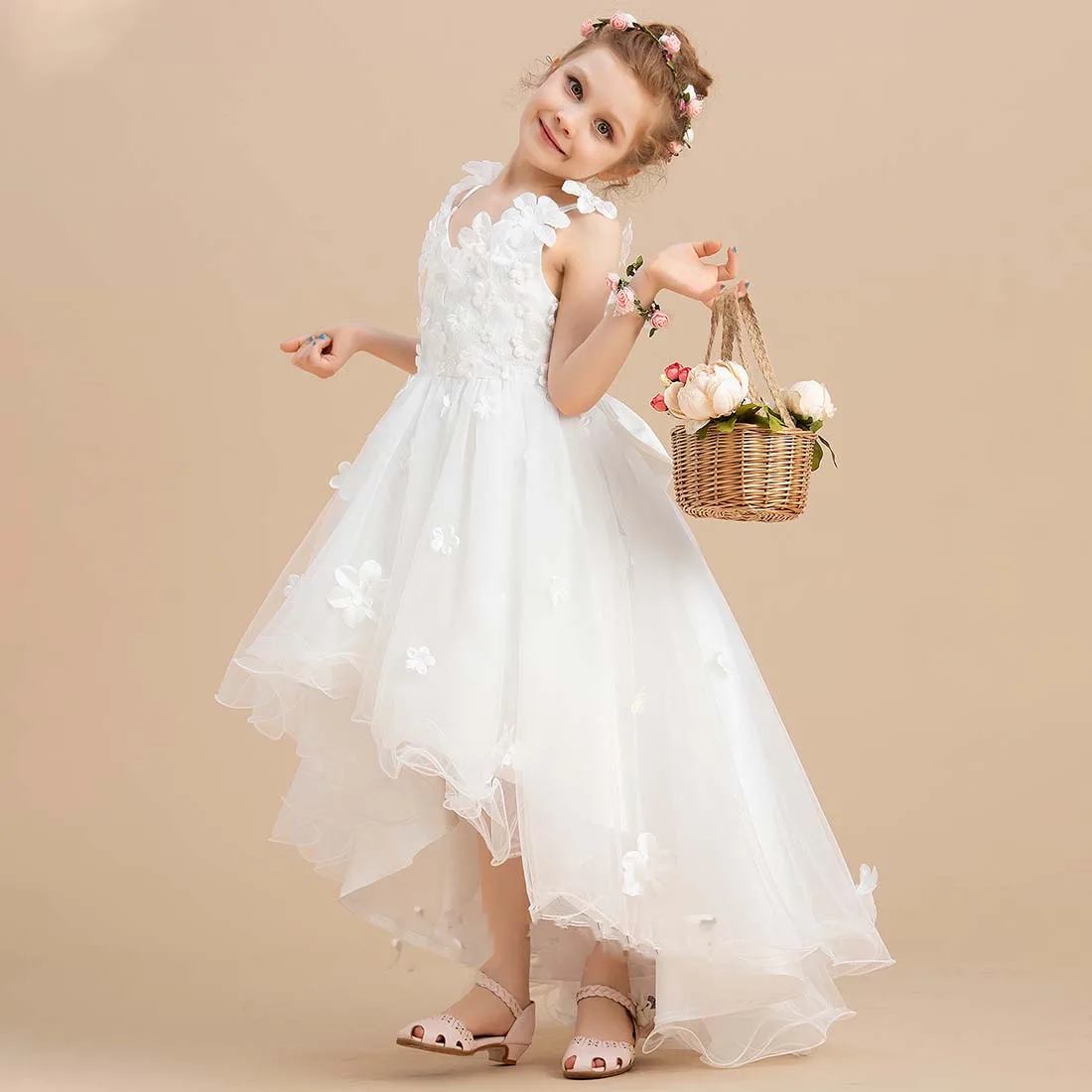 YZYmanualroom Ball-Gown Princess Junior Bridesmaid Dresses V-Neck Asymmetrical Tulle Flower Girl Dress 4-15T