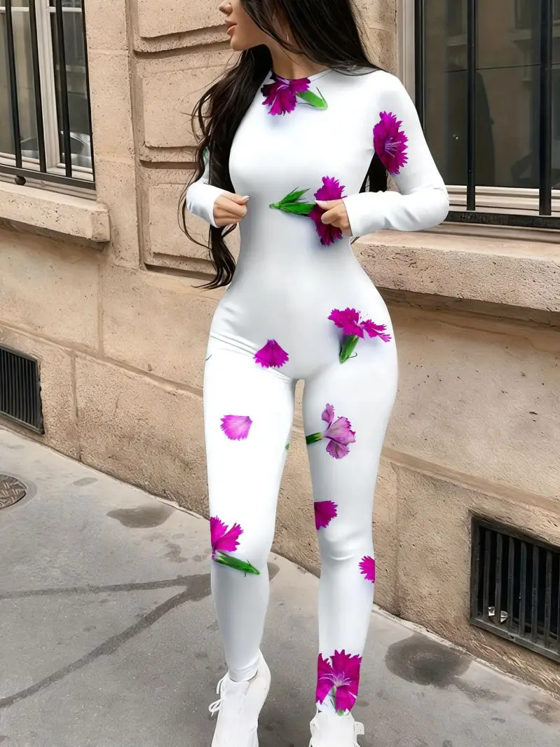 Rundhals-Langarm-Jumpsuit mit elastischem und enganliegendem Schnitt, um die Figur zu betonen, Damen-Jumpsuit. – Detail 4
