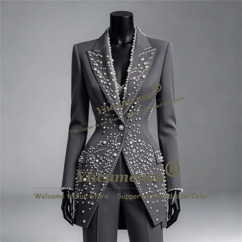 Handmade Wedding Suit For Woman Mother Of Groom Pearls Long Jacket Pants 2 Piece Sets Lady Business Party Tuxedo Customized 2027