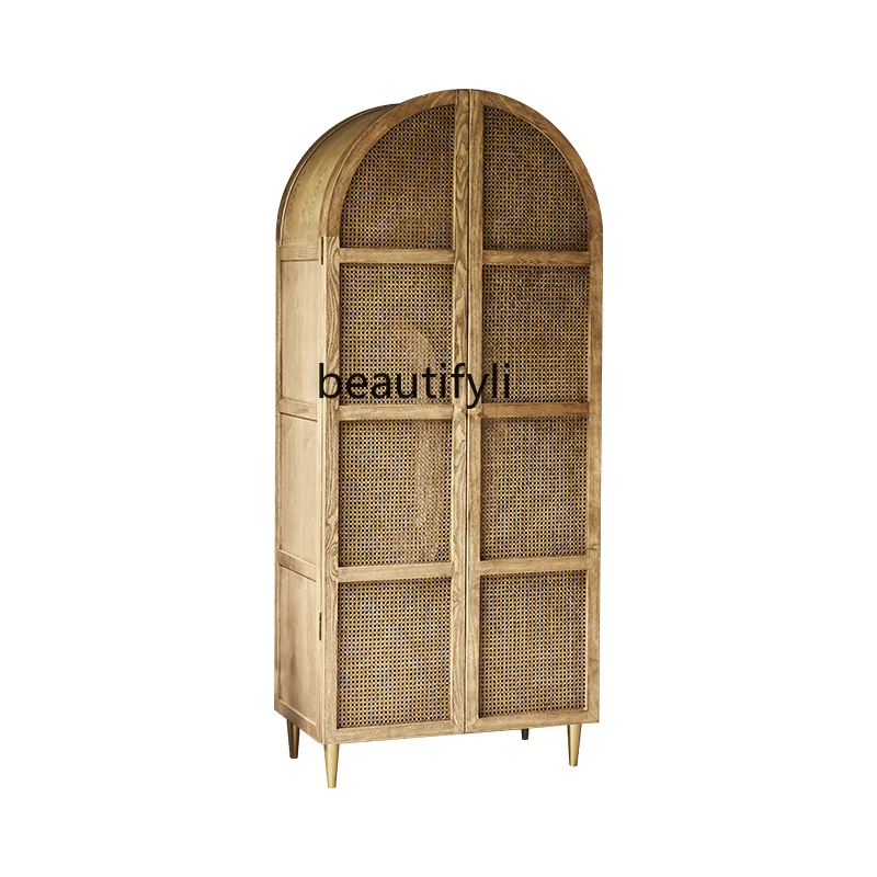 

Japanese-Style Retro Wardrobe Modern Minimalist Rattan Double-Door Closet Bedroom Solid Wood Locker Storage Cabinet Nordic