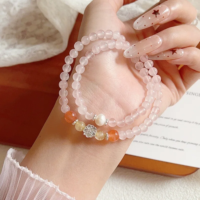 

Цветок ~ двойной круг натуральный лошадь розовый кристалл персиковый цвет для женщин свежий эластичный браслет лучший подарок другу на руку