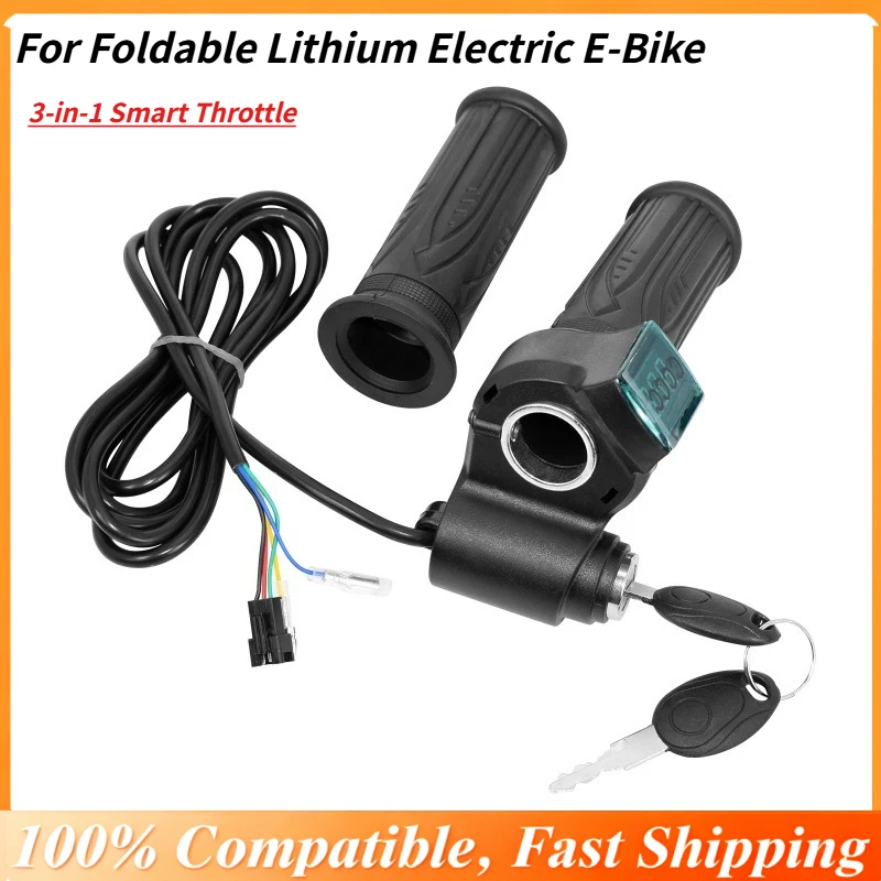 

3-in-1 Smart Throttle for Foldable Lithium Electric E-Bike, with Key Lock & Battery Display, Universal Grip Twist Accelerator
