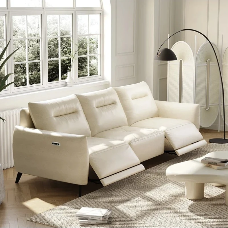 Electric sofa leather first layer cowhide living room modern cream wind multi-functional leather art three people