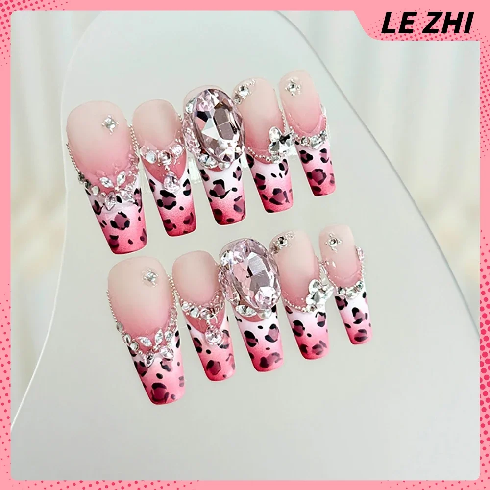 10Pcs Handmade Long Coffin Leopard Print Press On Nails Heavy Industry Y2K Pearl Steel Ball Diamond Flowers Wearable False Nail