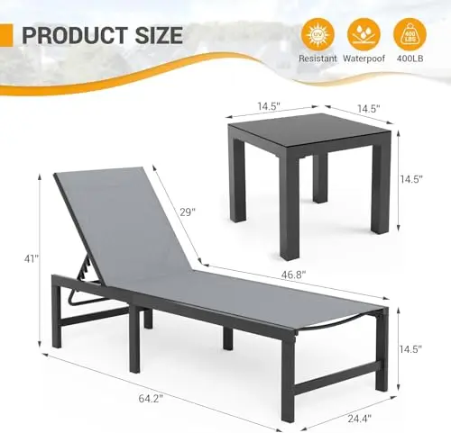 Outdoor Chaise Chairs & Table 3 Pieces Pool Lounge Chair, Adjustable Poolside Sunloungers Lay Flat Sunbathing Chaise