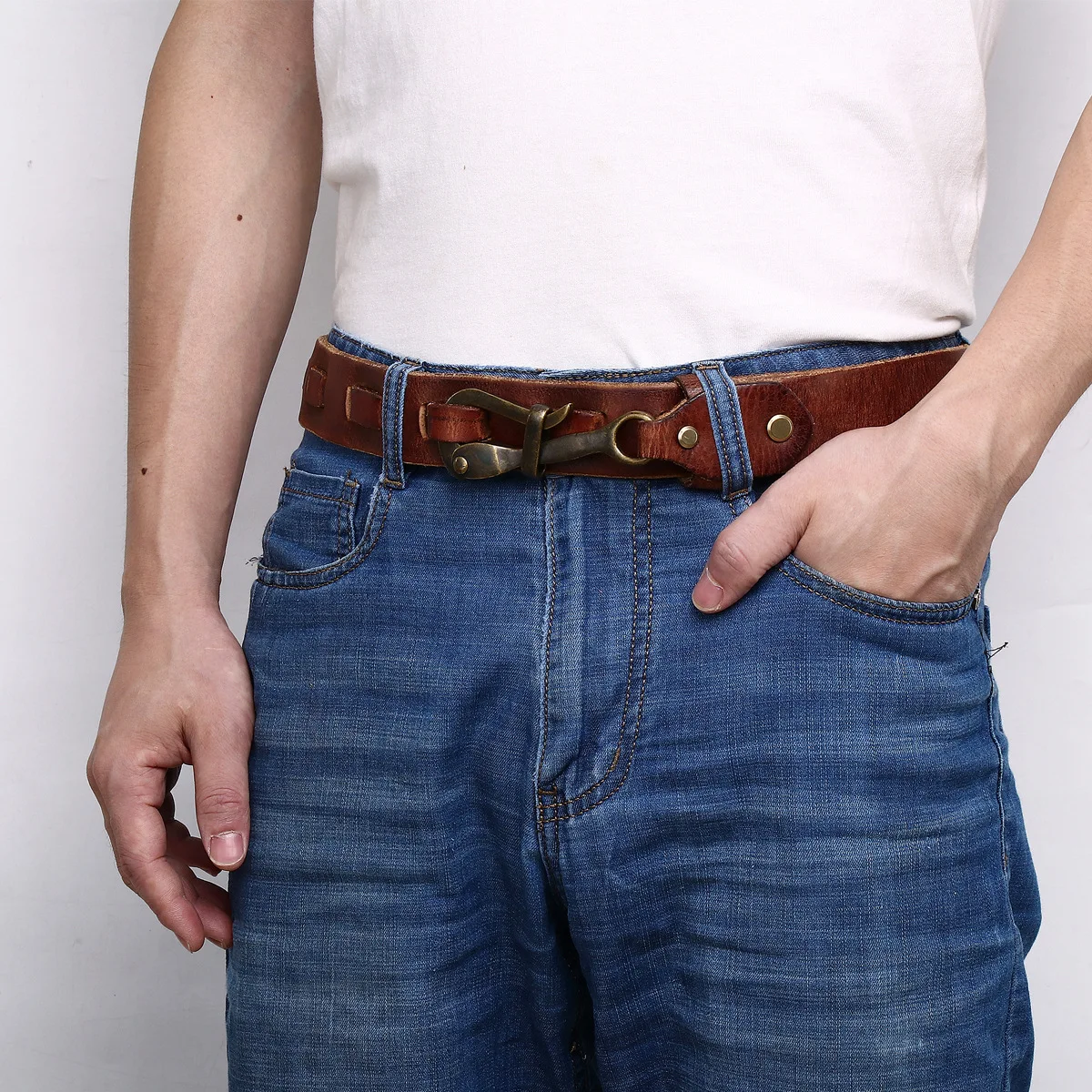 

3.8CM Men Retro Knight Belt Handmade Copper Hook Buckle Lock Layer Pure Cowhide Personalized Vintage Men's Genuine Leather Belts