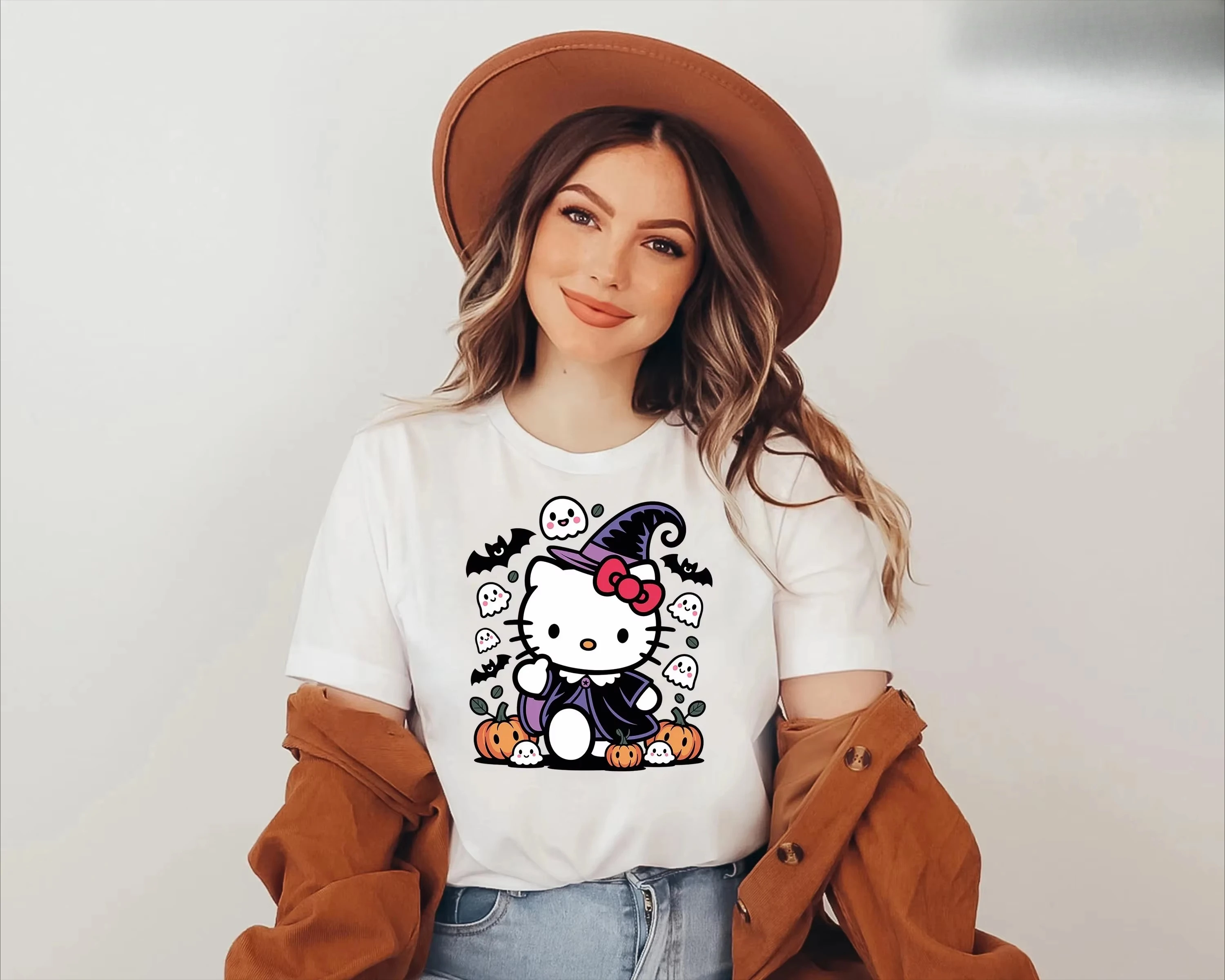 

2025 Autumn New Halloween Kitty Shirt Pumpkin Kitty Spooky Season Hello Cat Scary Kawaii Kitty Fall Shirt Hello Cat Witch Tee