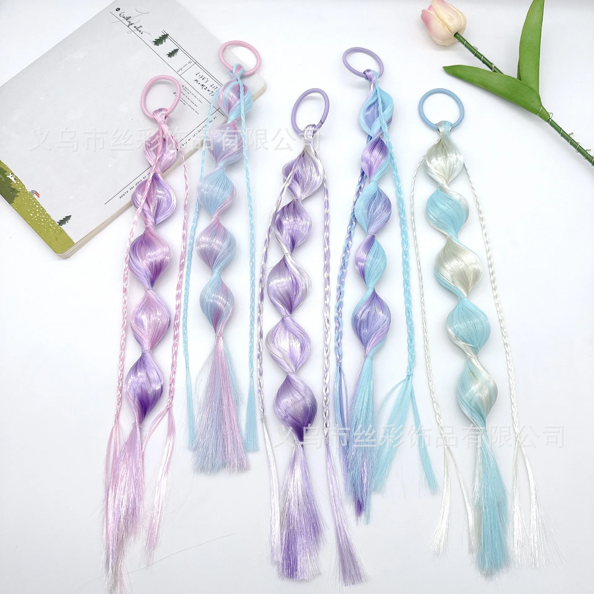 Rainbow Lantern Braid Hair Extensions – Bubble Ponytail & High Elastic Hair Ties Set, Colorful Pony Beads Scrunchie for Stage