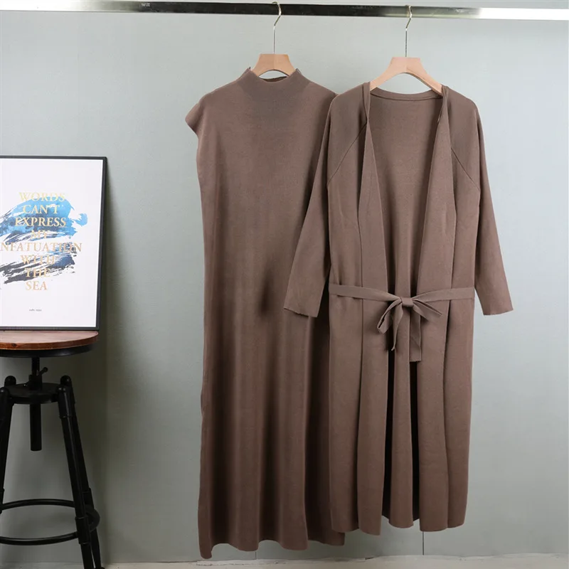 Costumes tricotés pour femmes, Cardigan à manches longues, manteau Long en tricot et robe longue sans manches, ensemble pull tricoté 2 pièces pour femme, automne