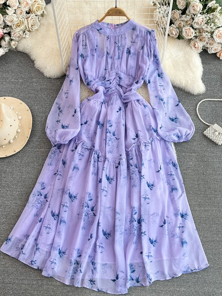 エレガントな長袖ランタンプリントAラインシフォンドレス、スリムなハイウエストガウン、若い女性のための夏のエレガントなロングドレス