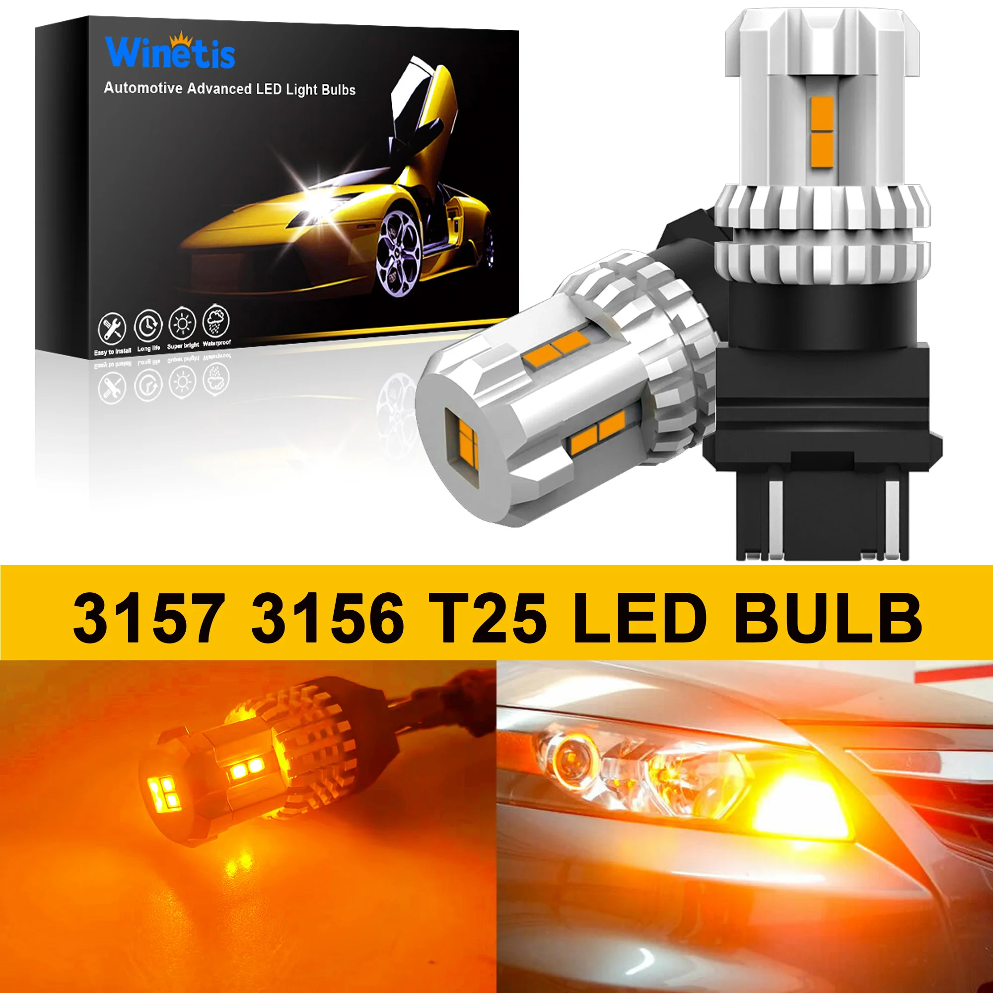 

Winetis 2X 3157 3156 Canbus LED 3000K Yellow Amber Turn Signal DRL Side Marker Light Bulbs Anti Hyper Flash Error Free