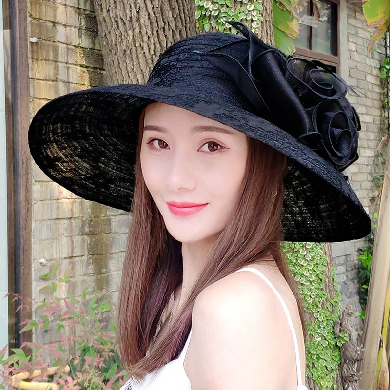Fascynujący duży kapelusz Kentucky damski spotkanie przy herbacie ślubny letni kapelusz z organzy damski kwiat duży szeroki rondo moda Vintage Fedora