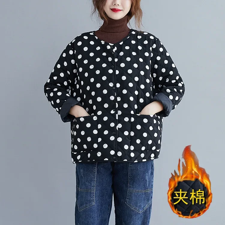 Polka Dot Warm Lightweight Cotton Jacket with Pocket Coat Women 2023 Autumn Winter Female Casual Loose Outfit Plus Size Outwear