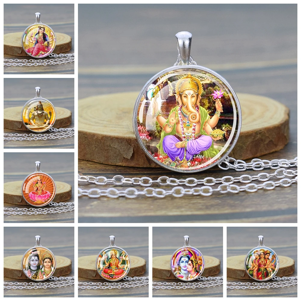 Indian Buddhism Jewelry Ganesha Lakshmi Goddess Vishnu Necklaces Glass Cabochon Pendant Chains Necklace Hinduism Shiva Amulet