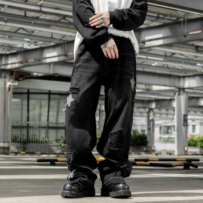 YY18444 جديد شارع العليا شخصية باريس الاتجاه العلامة التجارية الخماسي المطرزة الحرفية فضفاضة مستقيم الساق واسعة الساق الجينز