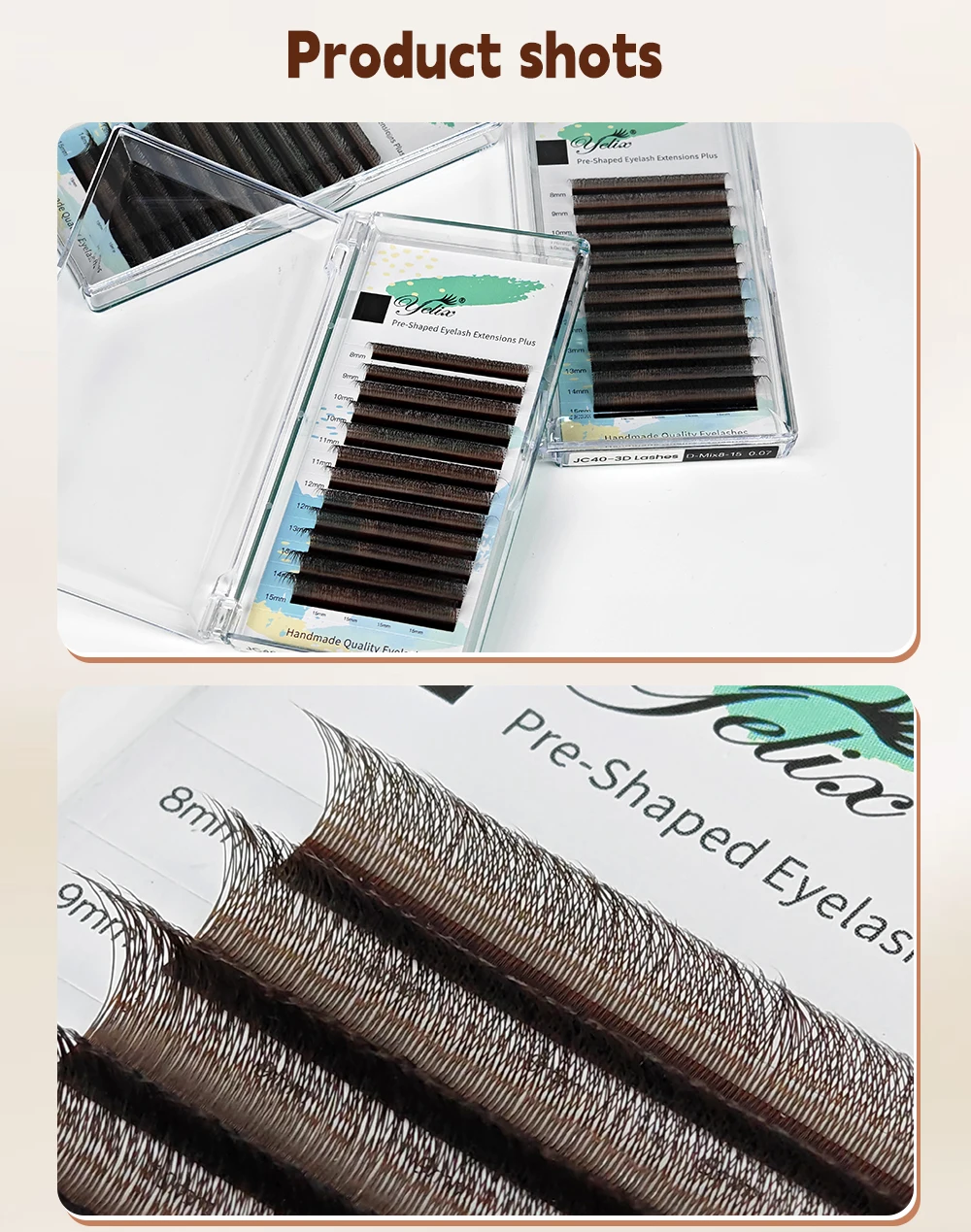 Yelix Schwarz-Braun 3D W-Form Volumen-Wimpern mit kleinerem Abstand, vorgefertigte Wimpern-Trays, professionelle Salon-Ausstattung, Großhandel, Großmengen – Detail 9