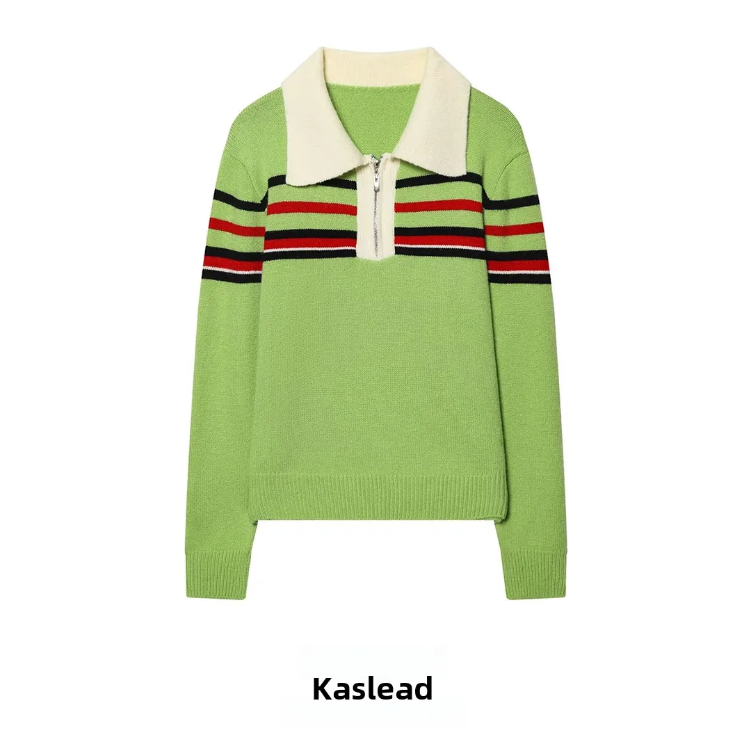 

Faionable Zipper Collar Knitted Sweater Women's Long Sve Polyester Fiber Striped Pattern All-Match Overhead Sle