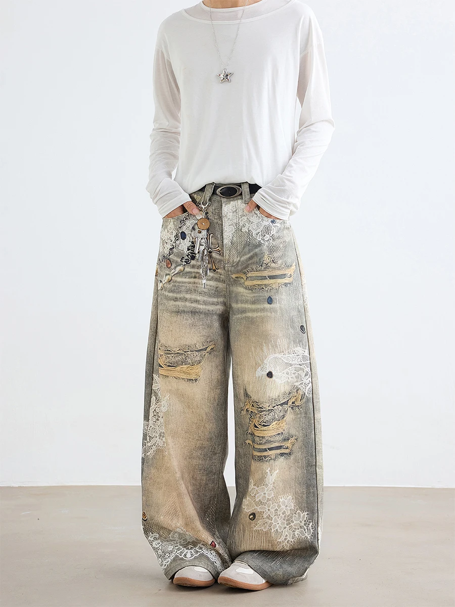 

Retro American Sle Men's Jeans High Street Worn out Straight Leg Long Pants Printed Design Casual Comfortable Loose Fit