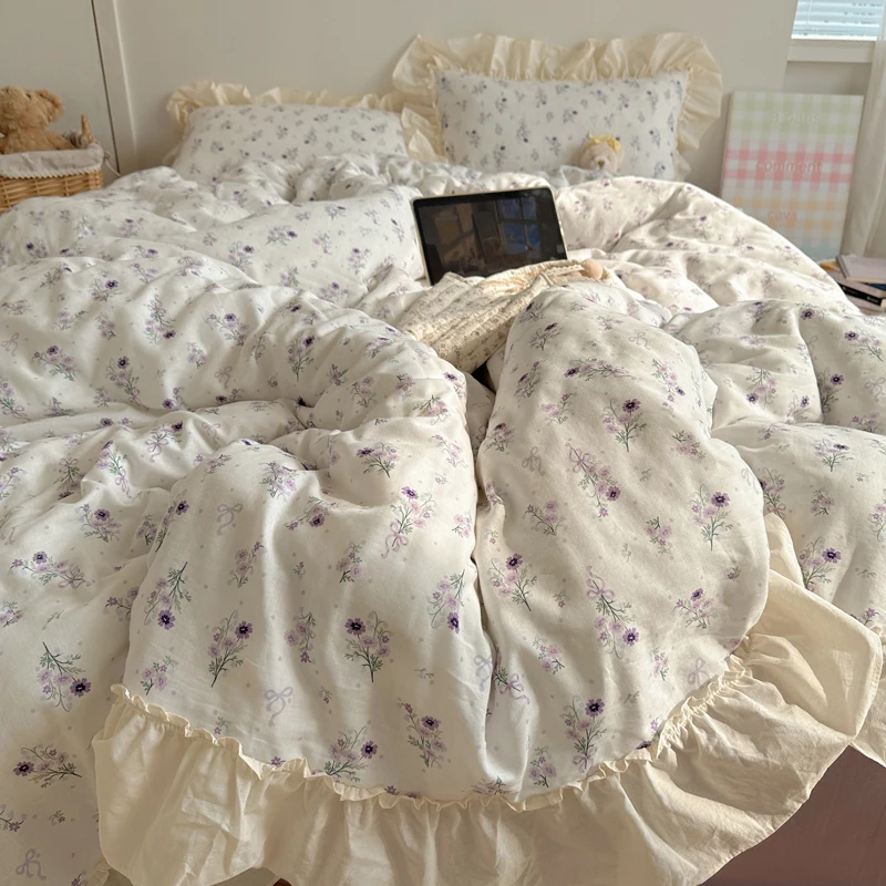 100% Cotton Vintage Countryside Flowers Lace Ruffles Duvet Cover Bed Sheet Or Fitted Sheet Pillowcases Girls Bedding Set 3/4Pcs
