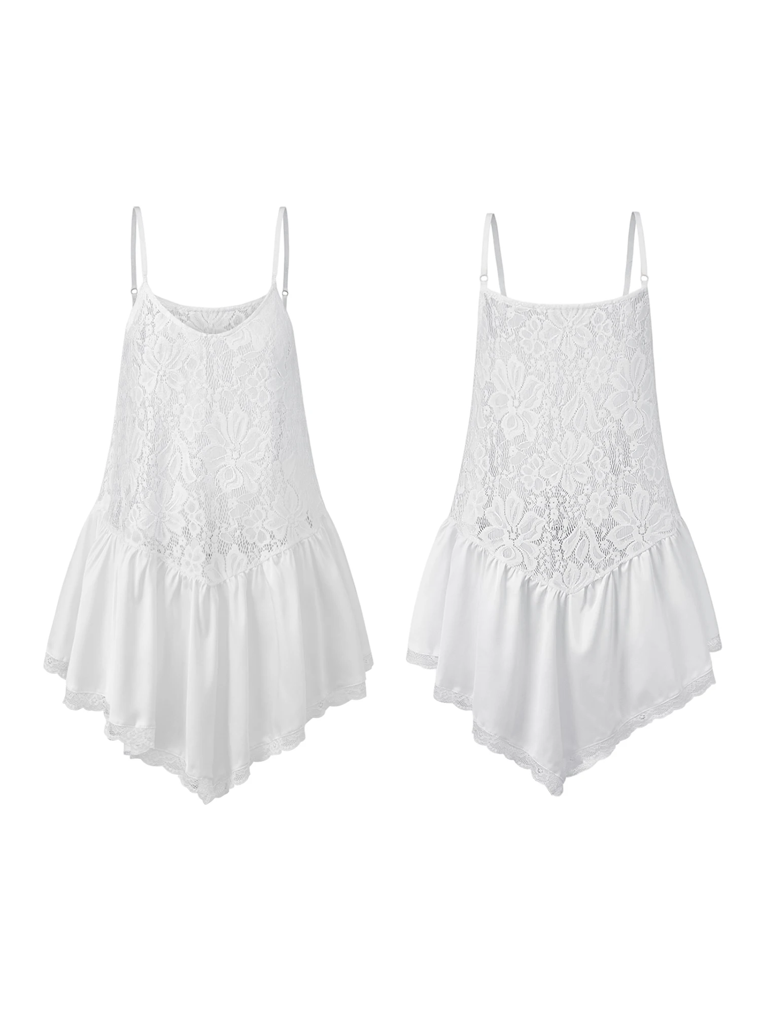 เสื้อกล้ามลูกไม้ลายดอกไม้หรูหราพร้อมสายสปาเก็ตตี้และชายเสื้อระบายแบบไม่มีแขนเสื้อซีทรูสำหรับผู้หญิงเสื้อแฟชั่นฤดูร้อน