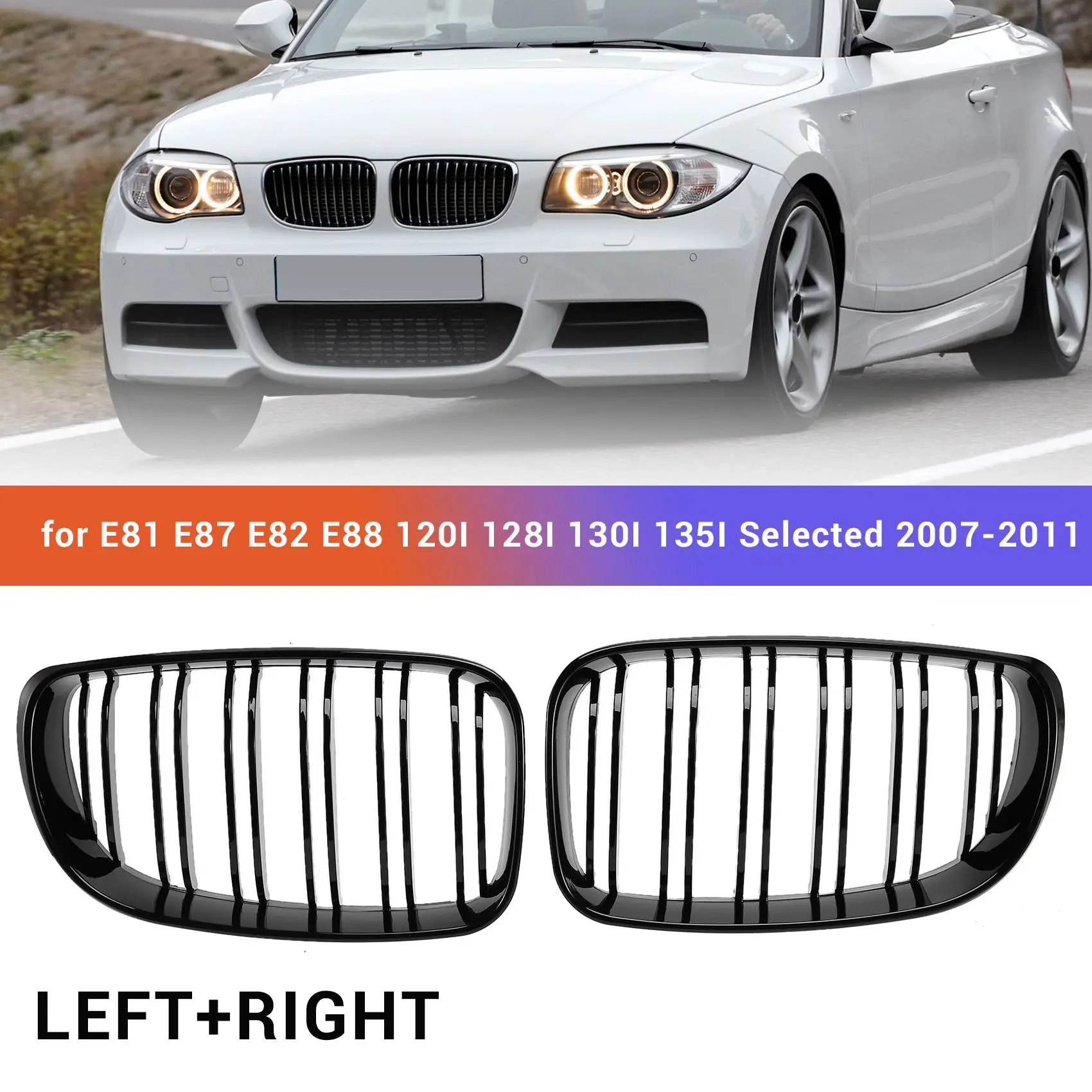 Glossy Black Dual Slats Front Kidney Grille Grill Replacement for E81 E87 E82 E88 120I 128I 130I 135I 2007-2011