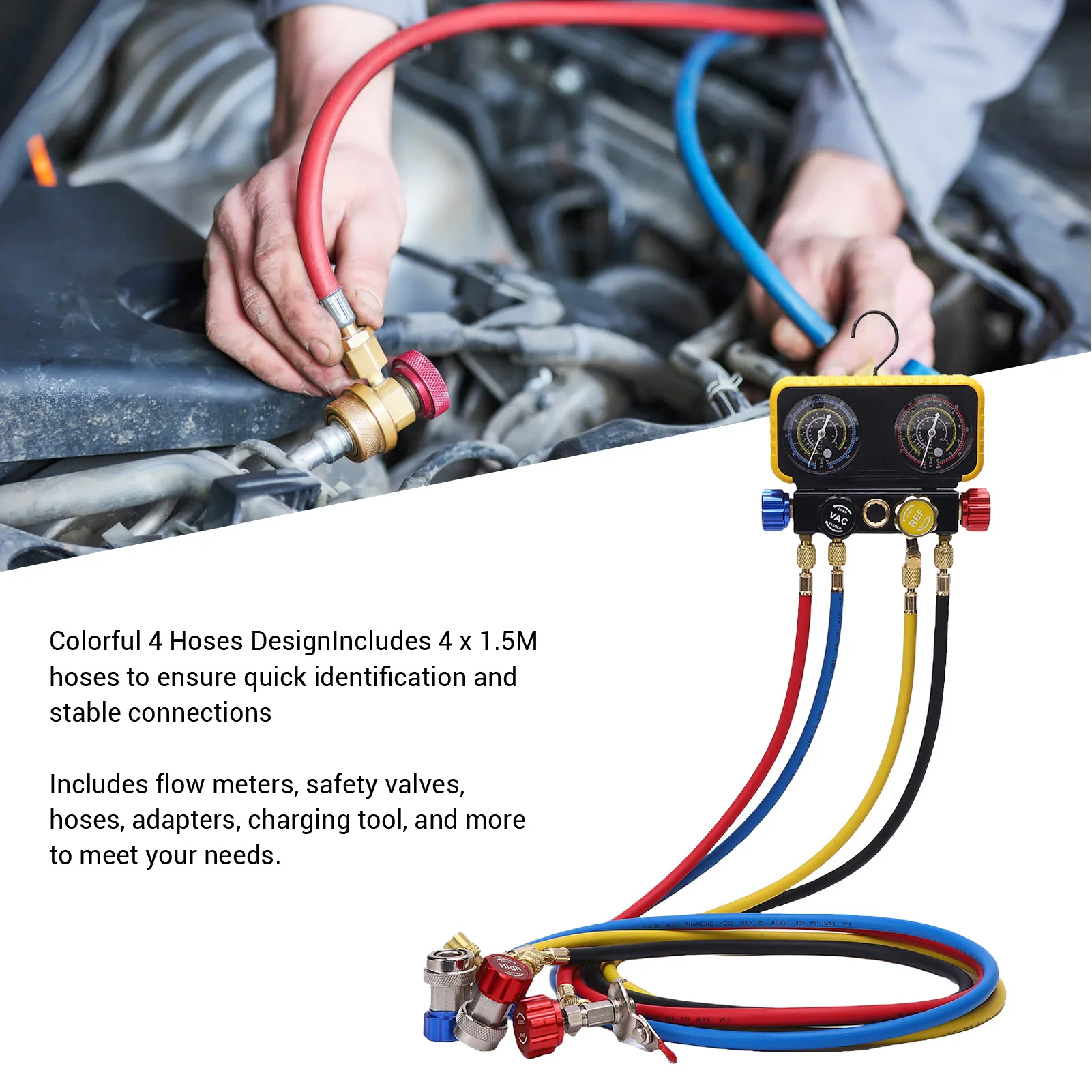 HVAC Gauges with Hoses 4 Way Heavy Duty Brass AC Manifold Gauge Set Replacement for R410A R32 R134A R22 Refrigerants