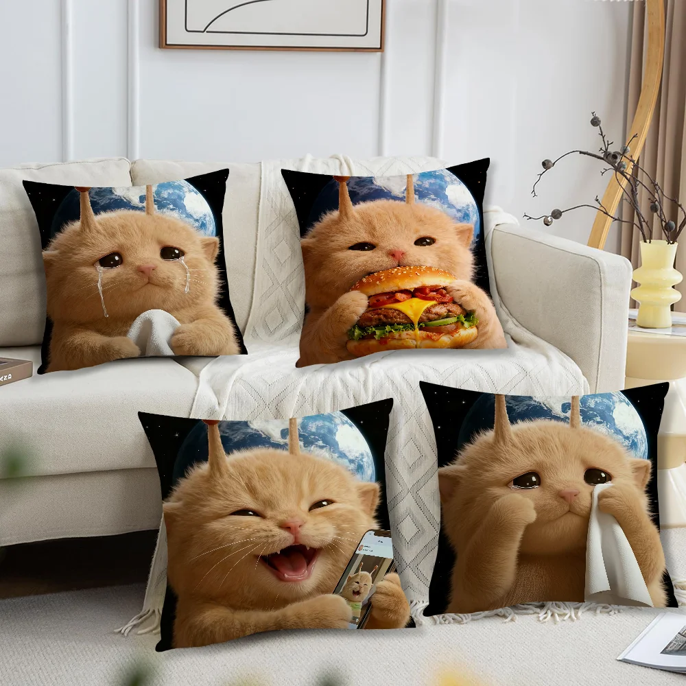 A Yellow Alien Cat Is In Front Of The Earth A Cushion Cover For Pillow Printing Sofa Decoration Home Car Office NordicSimplicity