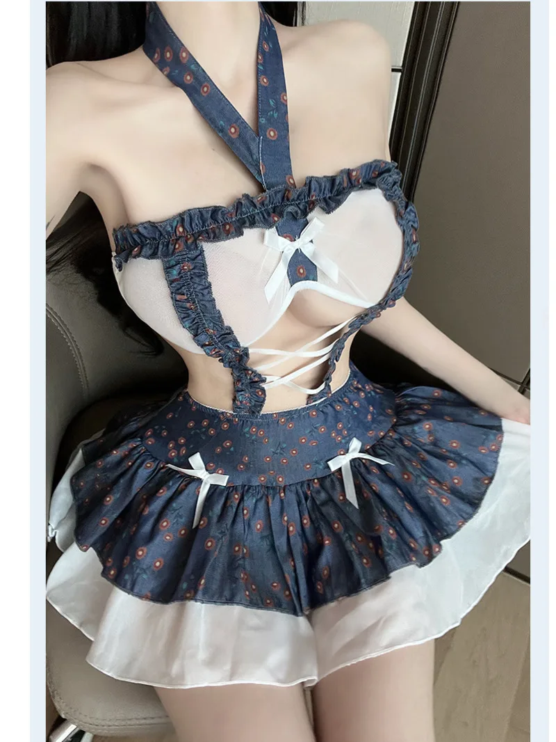 

Blue Sweet Mini Dress Hot Sexy Korean Women 2024 New Fashion Sexy Servant Dress Small Chest Uniform Dress Elegant V7DG