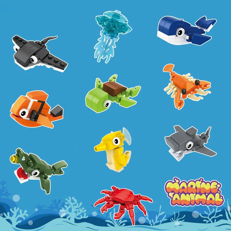 

10pcs Creative Underwater Animal Series Turtle Shark Octopus Crab Mini Ornament Building Blocks Bricks Toys