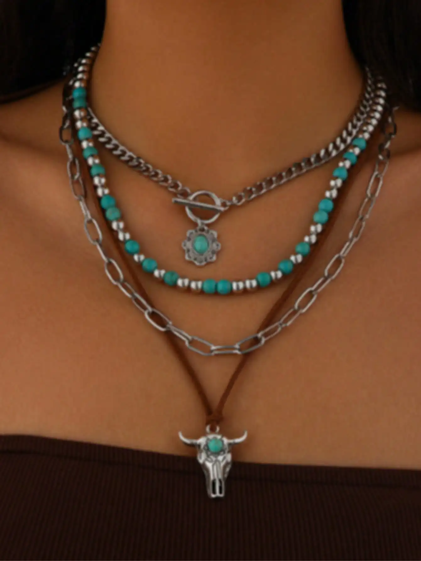 Western Layered Turquoise Necklace Bull Head Pendant Boho Beaded Chain OT Clasp Women Jewelry