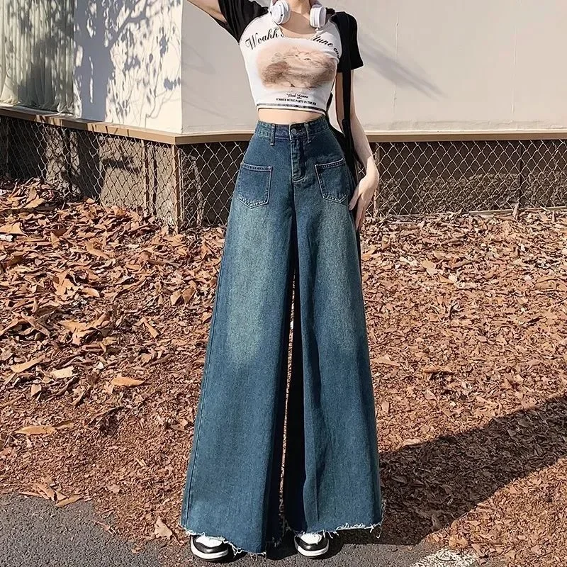 Hoch taillierte Stretch hose Vintage Super Wide-Leg Jeans Mode koreanische Ausgabe neuen Stil vielseitige gerade Baggy Jeans Frauen