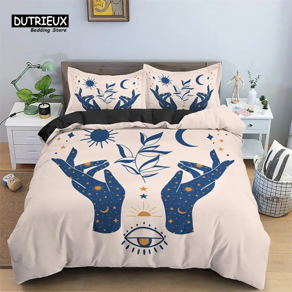 

Sun And Moon Duvet Cover Mystical Hamsa Hand Bedding Set Microfiber Divination Eyes Comforter Cover King For Kids Adult Bedroom