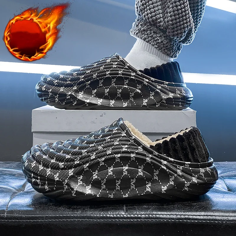 Winter Printed EVA Slippers for Men Women, Water‑Repellent Outer Shell, Thick Plush Lining, Wear‑Resistant Cold‑Proof Outdoor Ho