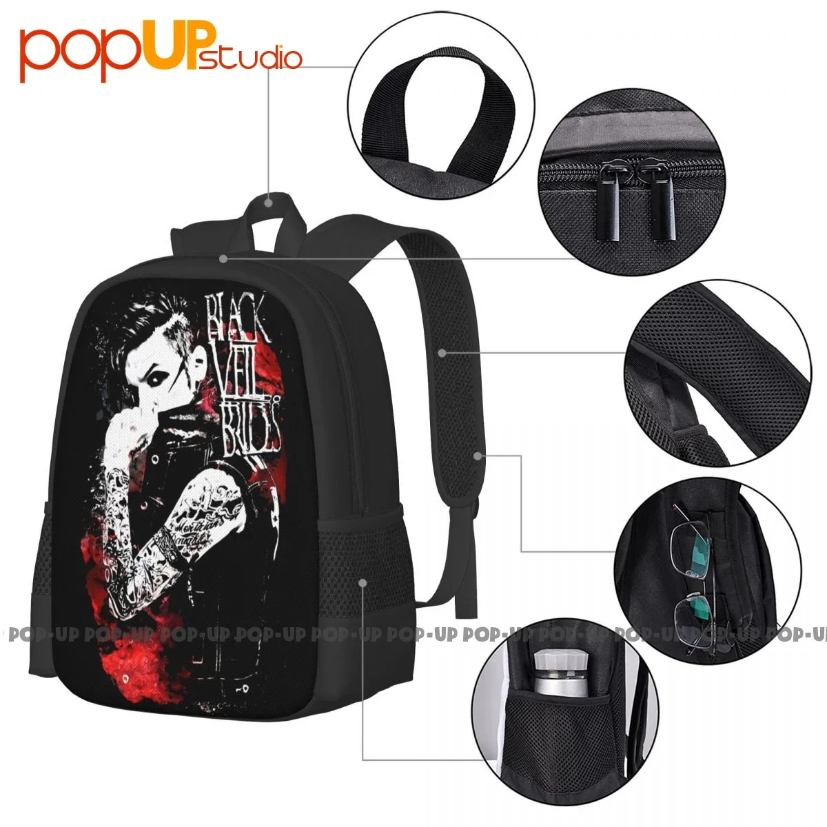 Portátil preto véu noivas banda mochila, mochila escolar de grande capacidade, eco friendly, P-25