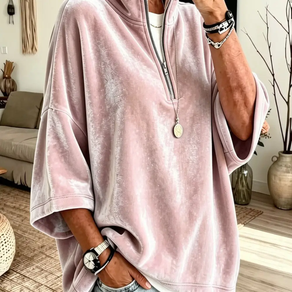 Women Half Zip Pullover Sweatshirt Loose Fit Solid Color Casual Lapel Collar Autumn Winter Soft Comfortable Top
