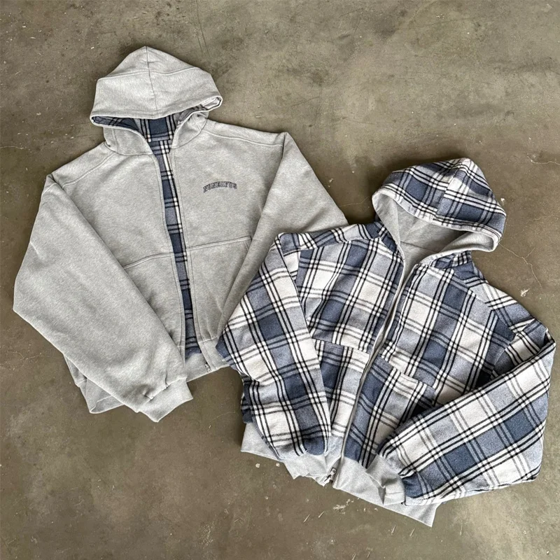 Women Plaid Zip Up Reversible Hoodie Jacket Y2K Vintage Checkered Sweatshirt Casual Loose Hooded Coat Long Sleeve Outerwear
