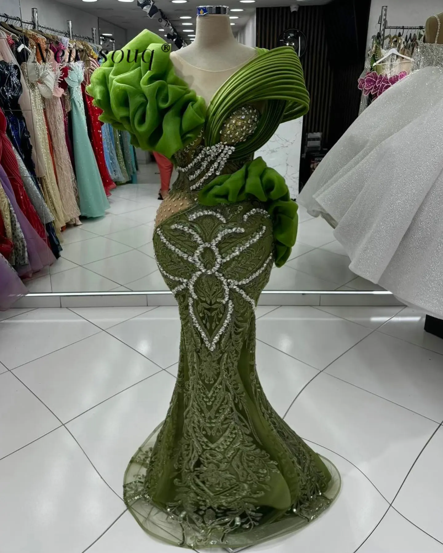 Arabic Hunter Green Ruffles Formal Long Evening Dresses with Crystals 2025 Elegant Wedding Party Gowns for Lady Customized