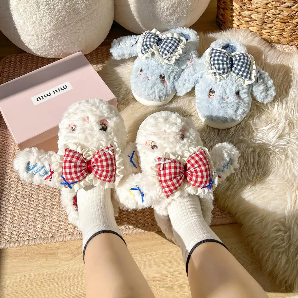 

Хлопковые тапочки с милым кроликом для девочек, осенне-зимняя новая домашняя обувь, нескользящая уличная теплая бархатные тапочки на толстой подошве